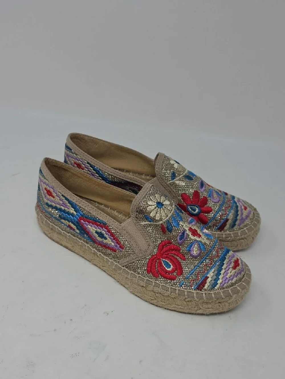 Johnny Was Floral Embroidered Platform Espadrilles Shoes Size 38